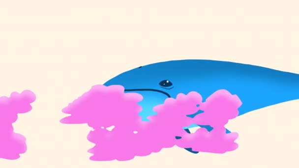 Een Schattige Blauwe Walvis Vliegt Roze Wolken Een Crème Scherm — Stockvideo