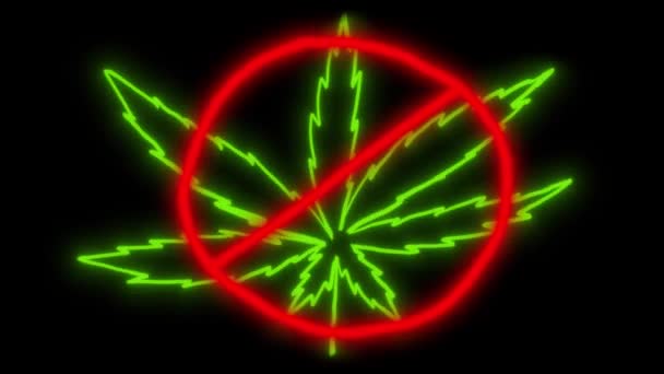 Neon Animation Överstruken Cannabis Svart Skärm Begreppet Förbud Mot Rökning — Stockvideo