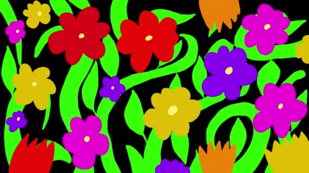 Przejście Wideo Rosnących Kwiatów Różnych Kolorach Czarnym Ekranie Kreskówki Kwiaty — Wideo stockowe