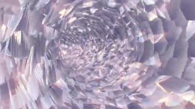 Parçacık hareketiyle metal bir tünelde uçuyor. 4K 'de gümüş fütüristik alan. Arkaplanda holografik duvarlar var. Cıva mağarası konsepti.