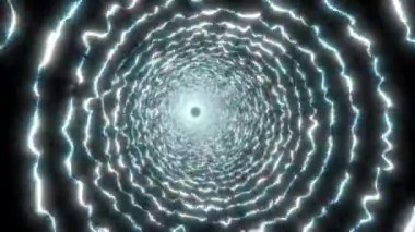 Siyah ekranda parlayan enerji dalgalarıyla elektrik tüneli. Neon halkaların içinden 3 boyutlu olarak uçmak. Dış uzay ve akım 4K ile soyut arkaplan.