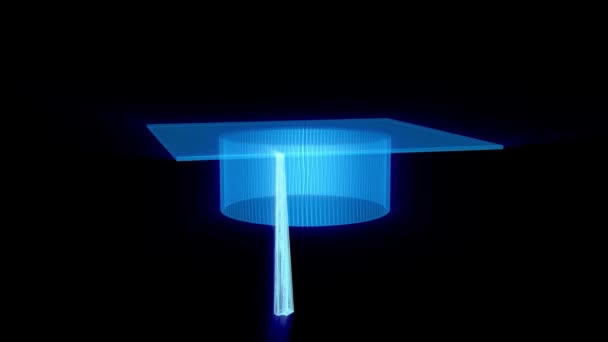 Rotieren Der Holographischen Mütze Eines Schülers Auf Einem Schwarzen Bildschirm — Stockvideo