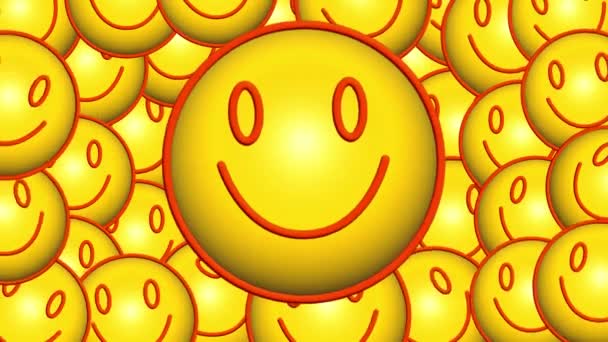 蓝色屏幕上的黄色微笑情怀 视频转换与笑脸在3D 通道在4K中改变帧的快乐和积极的动画 — 图库视频影像