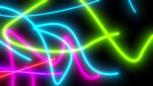 Siyah Ekrana Neon Kıvrımlı Çizgiler Çizmenin Animasyonu Işık Örtüsü Için — Stok video