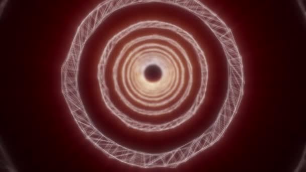 光り輝くプレキサス環を通って飛ぶアニメーション 4Kの幾何学的なホログラムの円が付いている未来的な空間 ニューラル ピース インテリジェンスの抽象的なビデオ ビッグデータとマトリックスのコンセプト — ストック動画