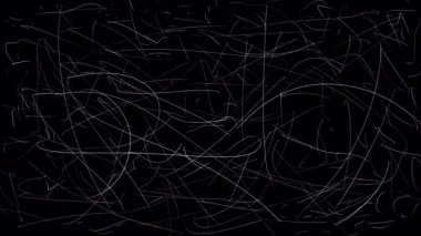 Siyah ekranda beyaz çizgiler ve karalamalarla dolu büyük bir animasyon. 4K 'da alfa kanallı soyut taslaklarla hisse senedi canlandırması.
