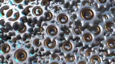 Dönen dişlilerin 3 boyutlu animasyonu. Küçük demir parçalarının stok teknolojisi videosu. 4K 'de işlevsel ve mekanik konsept. Dişlilerle soyut arkaplan.