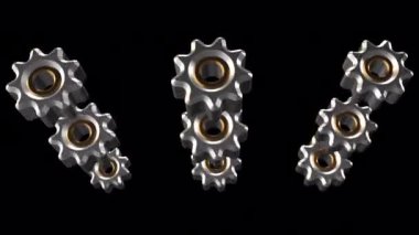 Siyah ekranda çalışan bir dişli mekanizmasının 3 boyutlu animasyonu. İş anlayışı, takım, işbirliği, şirket, iş, tamir. 4K içinde hareket eden dişlilerin stok videosu.