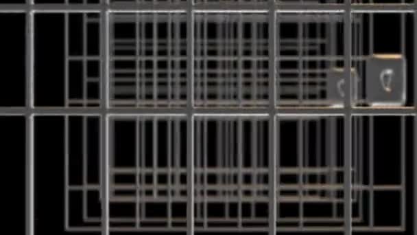 黒いスクリーンでバーを通って飛ぶ 束縛と幻想的な解放という概念 4Kで刑務所から出る 檻から脱出する3Dアニメーション — ストック動画