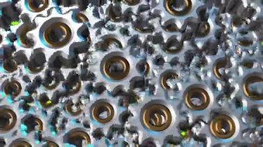 Yeşil zemin üzerinde 3 boyutlu dönen demir dişli video geçişi. 4K içinde karmaşık bir mekanizma oluşturma kavramı.