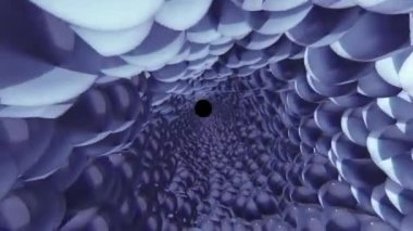 Cam koyu mavi tünel. 4K içinde saydam topları olan üç boyutlu bir alan. Mesane boşluğundan geçiş.