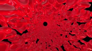 Siyah ekranda kırmızı vücutlu üç boyutlu bir tünel. Dönen kırmızı kan hücrelerinin 4K animasyonu. Kopyalama alanı olan soyut biyolojik arkaplan.
