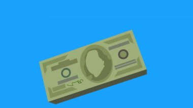 Mavi ekranda bir tomar parayla video geçişi. Çerçeve değiştirmek için yaklaşan bir yığın doların animasyonu. 4K 'da ödeme ve zenginlik kavramı.