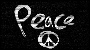 Barış eli siyah arka planda beyaz ve siyah harflerle çizilmiş.