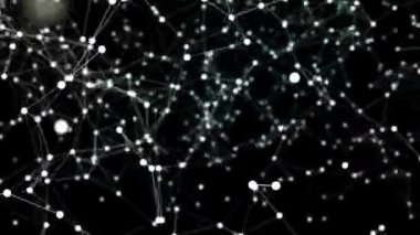 Siyah ekranda beyaz Plexus tasarımlarıyla donatılmış arka plan. 4K içindeki uçuş noktaları ve yapıların soyut animasyonu.