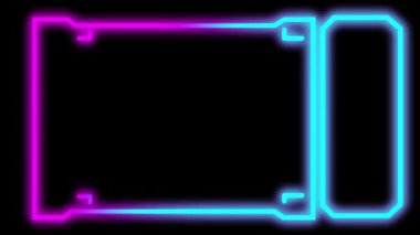 Siyah bir ekranda pembe ve mavi bir neon çerçeve yanıp sönüyor. Alfa ile metin için boşluğu olan 4K video stoku. İçerik eklemek için yanıp sönen bir lamba. Sosyal ağlar için dikey yönelim.