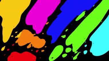 Siyah ekran boyunca boya damlaları yayılmış. Farklı renklerde parıldayan bir çizgi film geçişi. Çerçevenin 4K ile değiştirilmesi için sanat geçişi alfa kanalı.