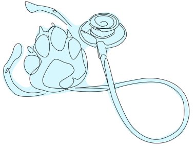 Bir illüstrasyonda bir steteskop, veteriner bakımını ve hayvan sağlığını sembolize eden evcil bir pençe iziyle sanatsal olarak iç içe geçmiş..