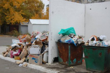 Çöp bidonları karton kutular, plastik torbalar ve çeşitli atıklarla dolup taşıyor. Bu da sonbahar renklerini gösteren ağaçlarla çevrili bir banliyö bölgesinde dağınık bir manzara yaratıyor..