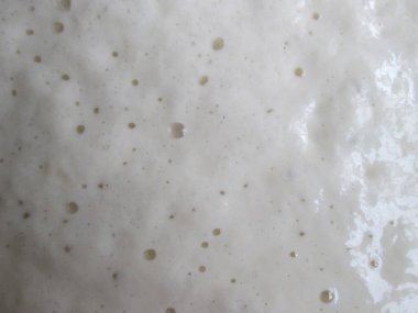 Sabaha karşı sıcak bir mutfakta çekilmiş köpüklü dokusunu ve faal fermantasyonunu gösteren, ekmeklerin hazırlanma sürecini vurgulayan köpüren bir mayalı maymunun yakın plan görüntüsü..