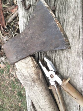 Paslı bir balta kafası, dışarıda kaba bir ahşap yüzeyde pense ve bir odun parçasının yanında duruyor. Aletleri çevreleyen doğal elementler açık gün ışığı altında..