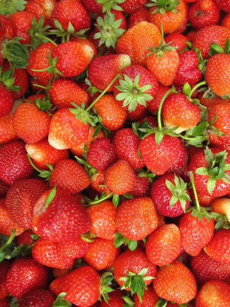 stock image A colorful assortment of freshly harvested strawberries fills the display, highlighting their rich red hue and fresh green leaves, inviting shoppers during the warm summer months.