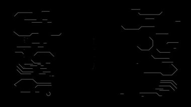 Siyah ekrandaki beyaz elektronik ince çizgiler. Tahtadaki lazer kablolarının animasyonu. 4K geometriyle hisse dinamik efekti.
