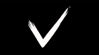 Siyah ekranda onay ve seçim için beyaz işaret. Tamamlanmış bir görev işaretinin 4K içerisinde alfa kanalı ile canlandırılmış çizimi.