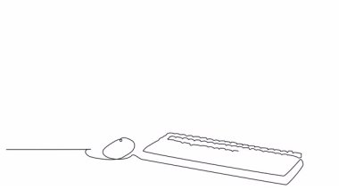 Temiz bir çizgi, masa yüzeyinde bir monitör, klavye ve fare içeren minimalist bir bilgisayar kurulumunu betimler.