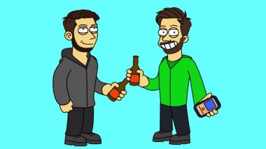 İki erkek arkadaşın bira içip sohbet ettiği ve sıradan bir partide eğlendiği çizgi film animasyonu. Parlak arkaplan, anlamlı karakterler, modern düz stil. Sosyal temalar için mükemmel.