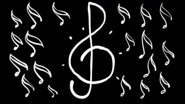 Siyah ekranda üçlü anahtar ve beyaz titreşimli notalar. 4K 'da alfa kanallı müzikal el yapımı animasyon. Şarkı klipleri ya da müzik tanıtımları için mükemmel geçiş.