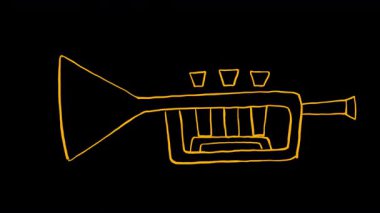 Altın karikatür trompet çalar ve siyah ekranda döner. 4K 'da alfa ile el yapımı müzik aleti dönüyor. Eğlenceli düzenlemeler için melodi temalı geçiş.