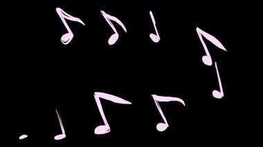 Küçük müzik notaları siyah ekranda beyaz bir şekle dönüşür. Video düzenlemeleri için ses simgeleri ve görsel hareketlerle sembolik 4K geçiş.