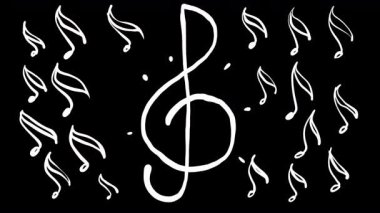 Siyah ekranda titreşimli notalarla çevrili beyaz tuş anahtarı. Ses temalı sahneler için alfa kanallı 4K 'da müzik geçiş animasyonu.
