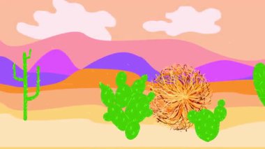 Kusursuz çöl arkaplanı kaktüs ve yabani otlarla dolu. Gündüz rüzgârlı çöl kanyonu, akan bulutlar ve çeşitli kaktüsler. 4K kanalındaki çocuklar için uzun döngülü parlak animasyon.