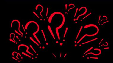 Siyah arka planda kırmızı soru ve ünlem işaretleri. 4K 'daki alfa kanalı ile örtüşen kafa karışıklığının sorgulanması.