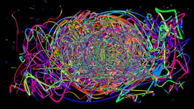 Çok renkli kaotik karalamalar neon ışık tonlarıyla el yapımı, enerjik ve soyut bir çizime dönüşür..