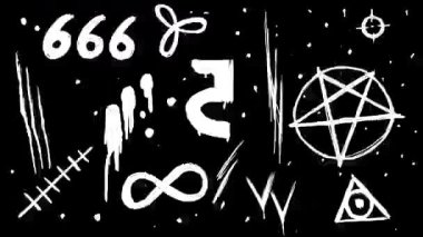 Beyaz karalama sembolleri ve bozuk statik siyah ekranda belirir. 4K içinde kaplama kullanımı için soyut grafik gürültüsünün dinamik titreşimli animasyonu.