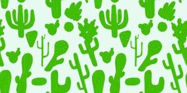 Kusursuz bir kaktüs deseni ve açık arkaplanda basit yeşil siluetler. Tekstil ve tasarım için dekoratif botanik doku.