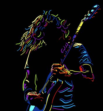 Adam gitarla rock 'n roll çalıyor. Çizgi çizimi