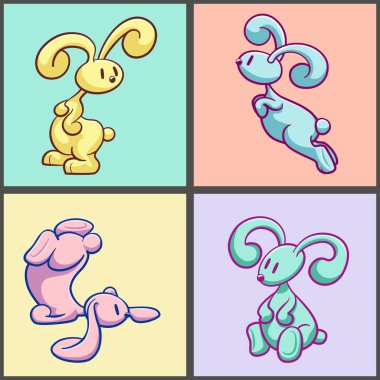 Renkli ve sevimli çizgi film tavşanları. Vektör illüstrasyonu.