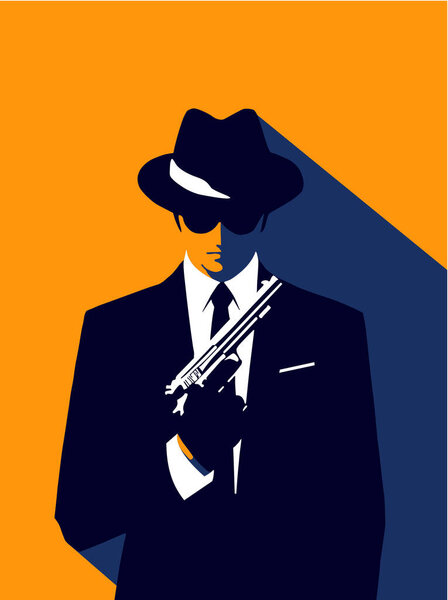 Иллюстрация мафиозного киллера с пистолетом и в шляпе в шляпе и солнцезащитных очках.