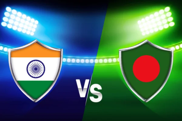 印度对孟加拉国板球比赛的比赛在一个灯火辉煌的体育场与旗帜 板球比赛概念背景 — 图库照片