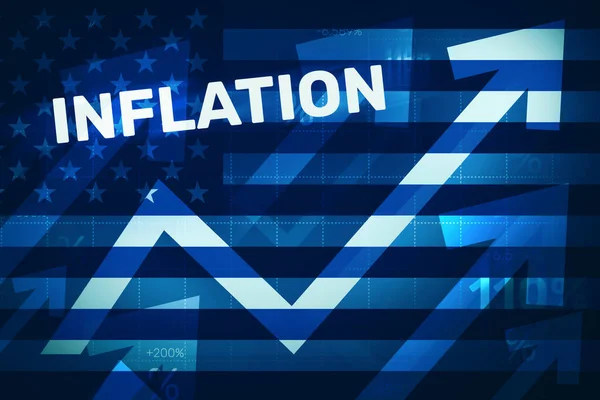 Rosnąca Inflacja Ameryce Flagą Stanów Zjednoczonych Rosnącymi Niebieskimi Strzałami Wysokie — Zdjęcie stockowe