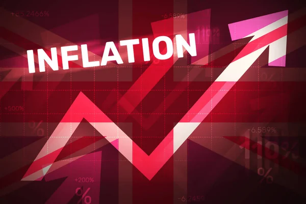 英国提高通胀概念背景与英国国旗和红色成长图的排版 欧元概念背景下的通胀上升 — 图库照片