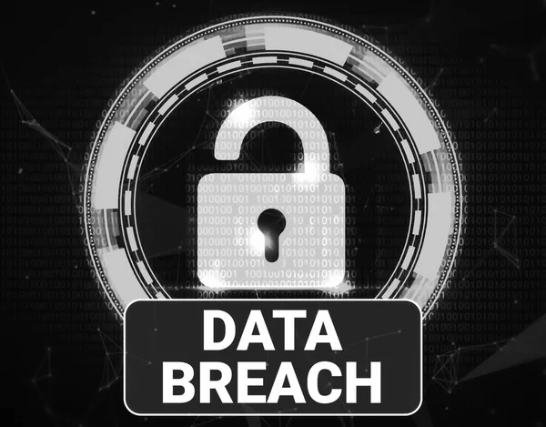 Data breach black and white security background with glowing opened lock symbol. Data breaching concept technology backdrop