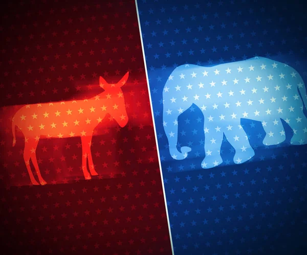 Democrats vs Republicans political party concept background with red donkey and elephant in blue color. American political parties concept backdrop.