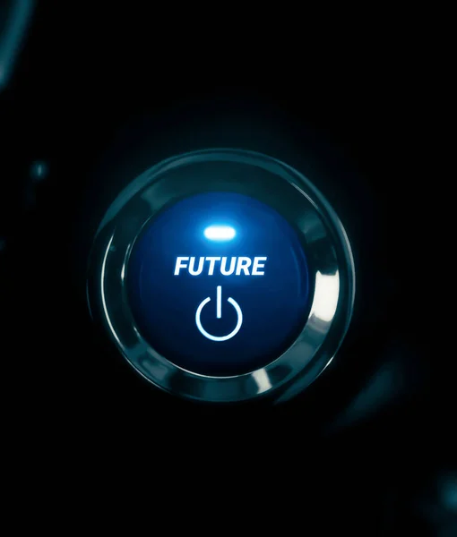 Future button with glowing blue light background. Push button to the future concept backdrop