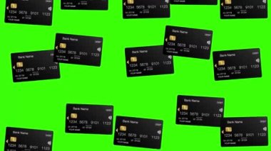 Yeşil ekranda siyah banka kartı animasyonu yağmur gibi yağıyor. Modern bankacılık ve finans kavramı animasyonu