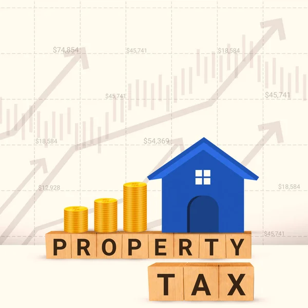Property Tax Concept Background Rendered Blocks Coins House Increase Taxes — Stock Photo, Image